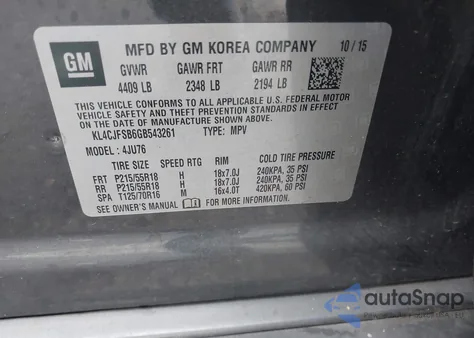 2016 Buick Encore Convenience z USA, uszkodzony, nr VIN KL4CJFSB6GB543261